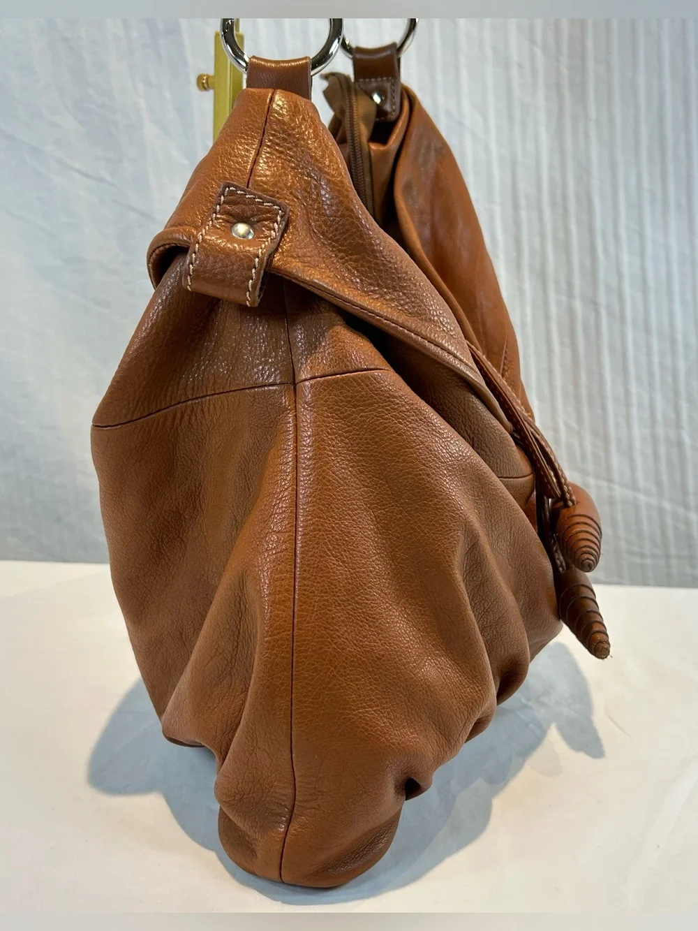 Structured Italian Leather Hobo Bag in Cognac with Wrapped Leather Accents